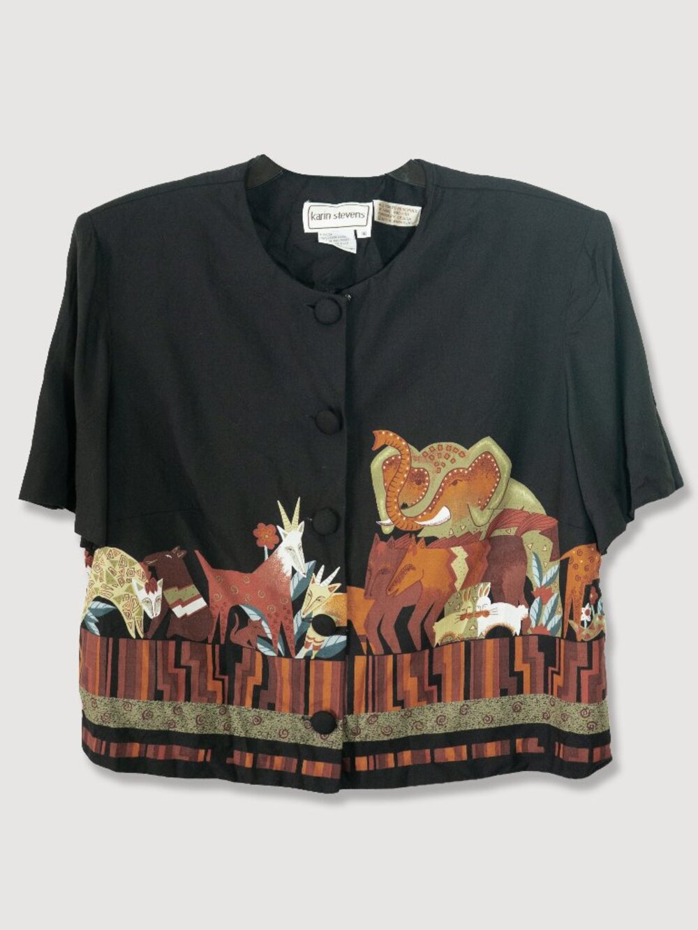 Vintage Elephant Print Top Black Safari Zoo Button Front Primitive boxy Blouse